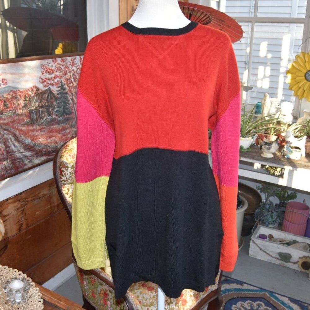 Vintage 80s Lord & Taylor Merino Wool Colorblock Tunic Sweater Women’s XL